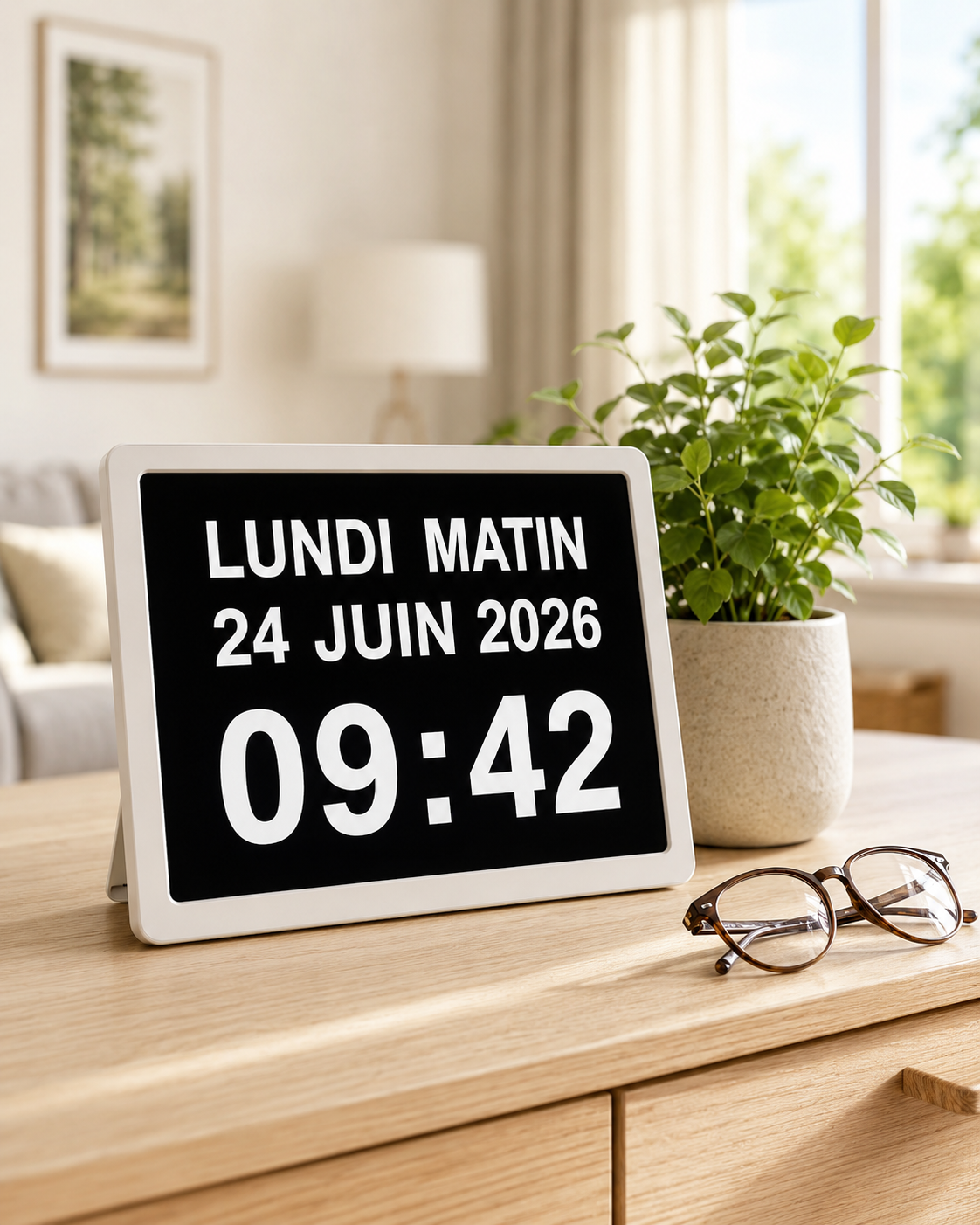 Horloge calendrier numérique avec grands caractères pour garder des repères dans la journée
