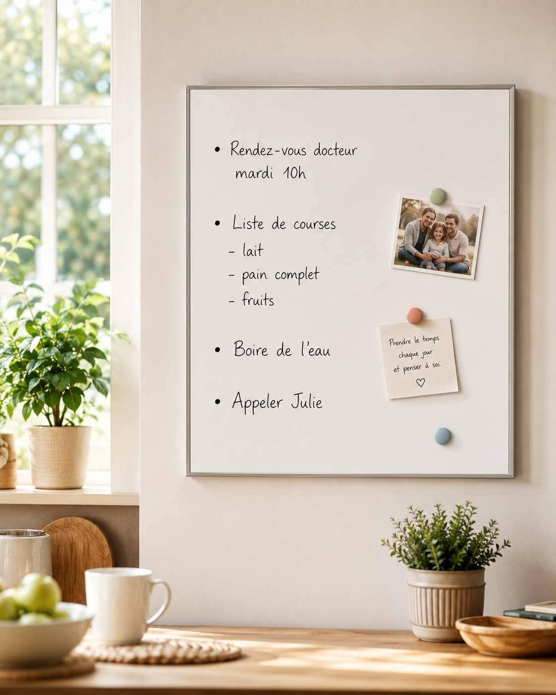 Tableau blanc magnétique pour noter les rappels importants du quotidien